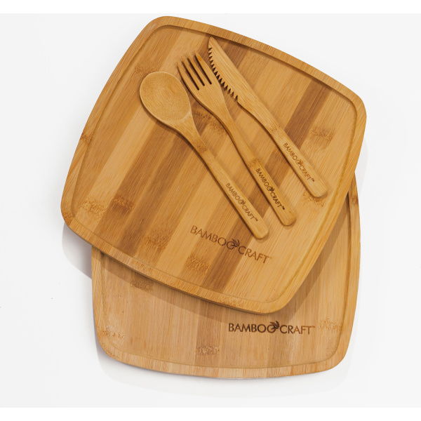 2 Piece Set Premium Finished Bamboo Dinner Plates and Cutlery Set
